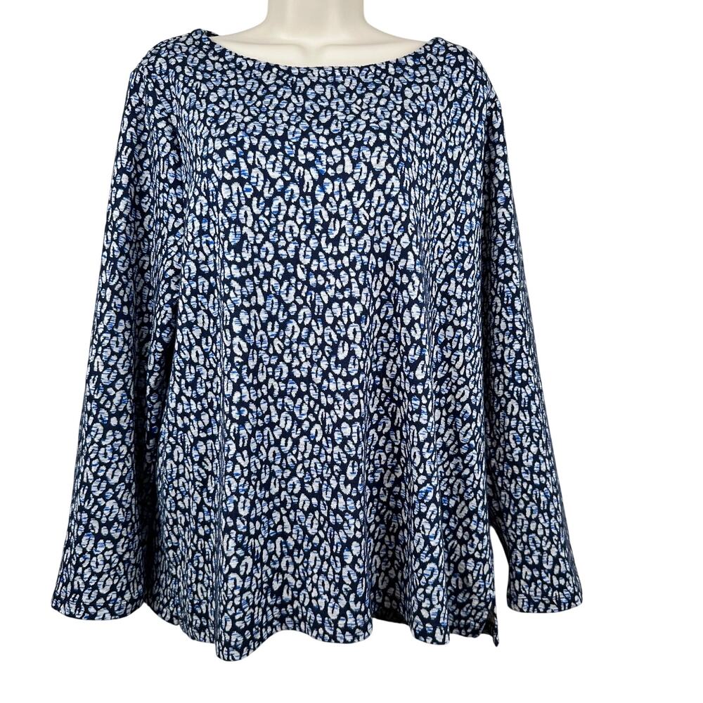 Chico's Knit Blouse Top Boatneck Long Sleeve Abstract Navy Chico 3 US XL Coastal